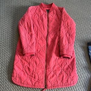 Quilted cranberry coat, hits mid thigh. No hood. Size S